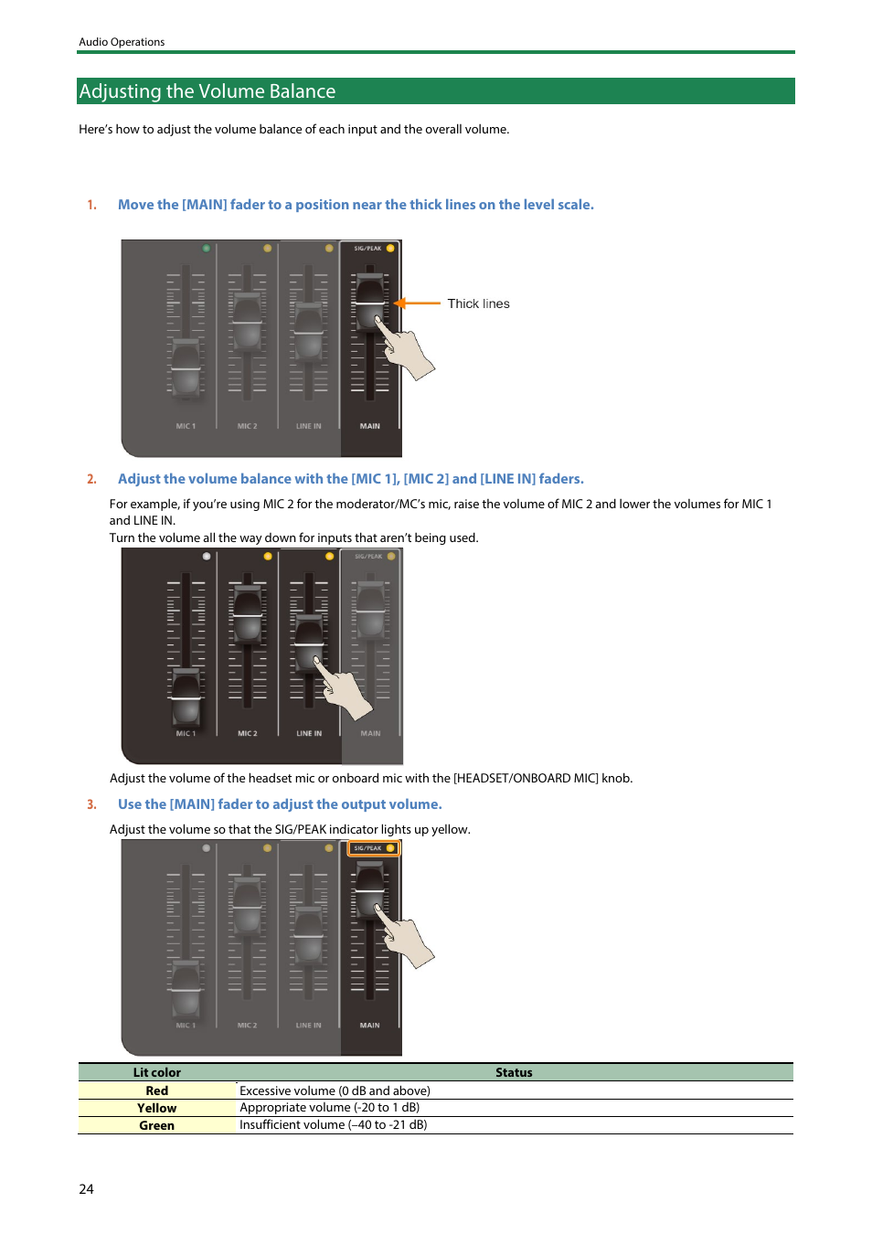 Adjusting the volume balance, Adjusting the volume balance(p | Roland AeroCaster Livestreaming System User Manual | Page 24 / 34