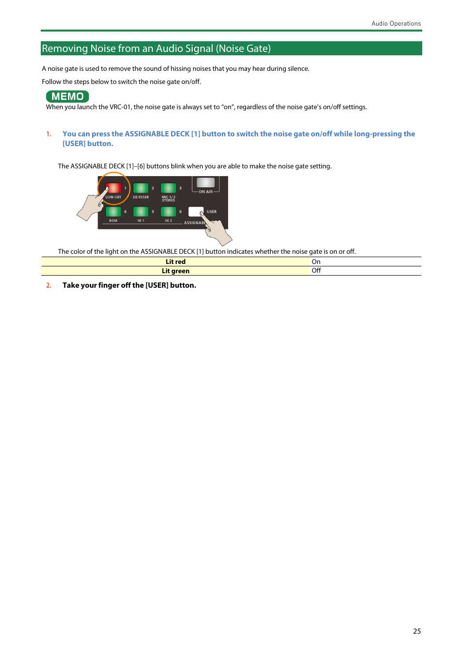 Removing noise from an audio signal (noise gate), Removing noise from an audio signal (noise gate)(p | Roland AeroCaster Livestreaming System User Manual | Page 25 / 34