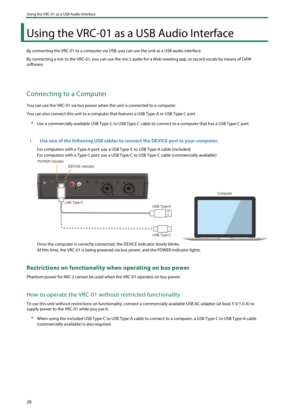 Using the vrc-01 as a usb audio interface, Using the vrc, 01 as a usb audio interface | Connecting to a computer | Roland AeroCaster Livestreaming System User Manual | Page 26 / 34