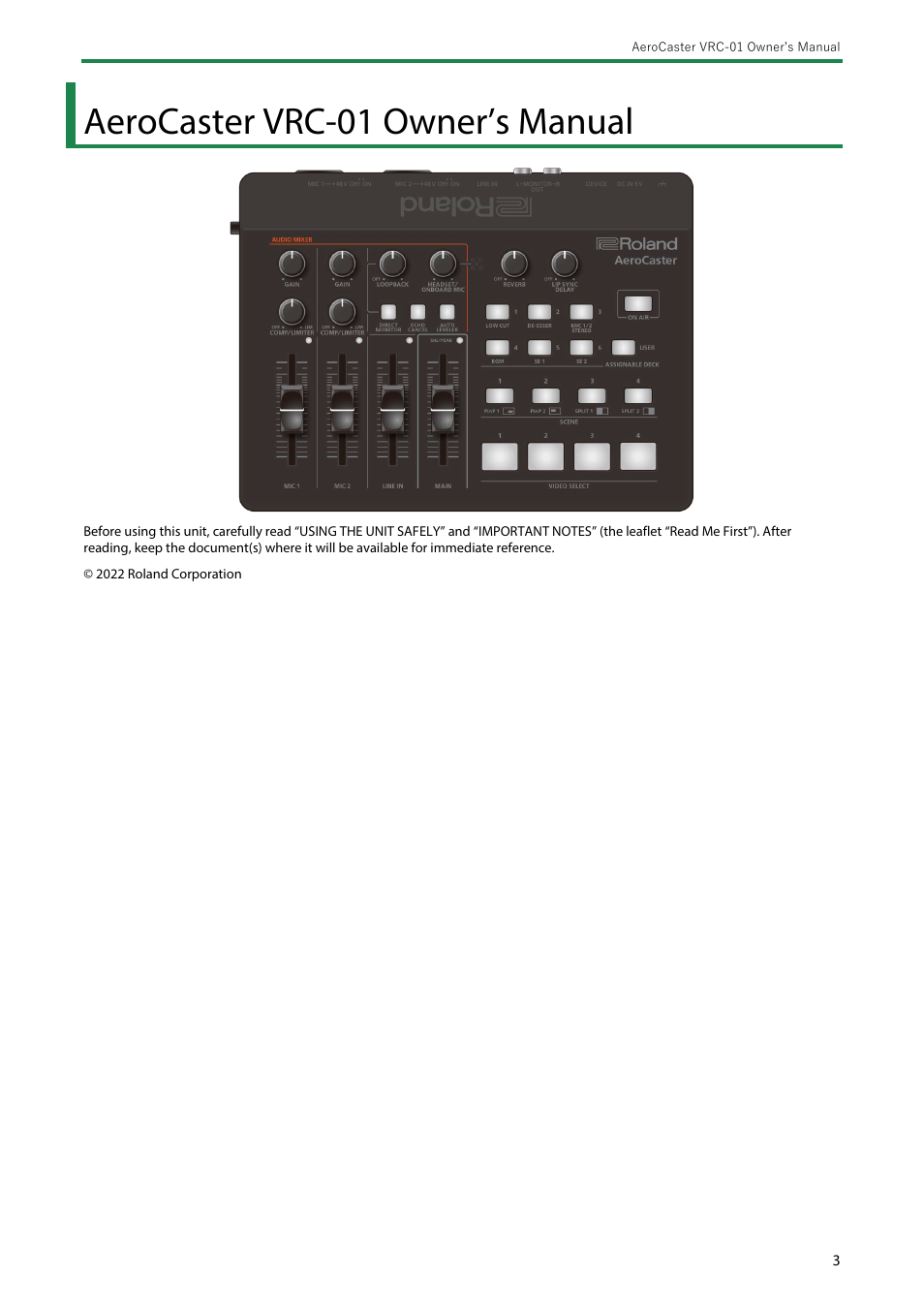 Aerocaster vrc-01 owner’s manual | Roland AeroCaster Livestreaming System User Manual | Page 3 / 34