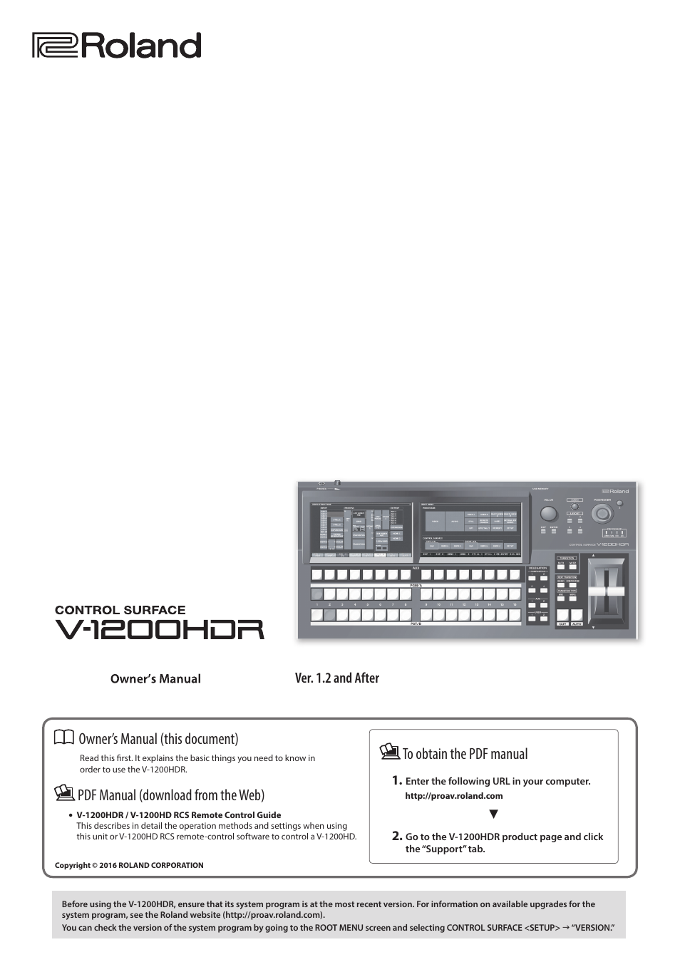 Roland V-1200HDR Control Surface for the V-1200HD Video Switcher User Manual | 16 pages