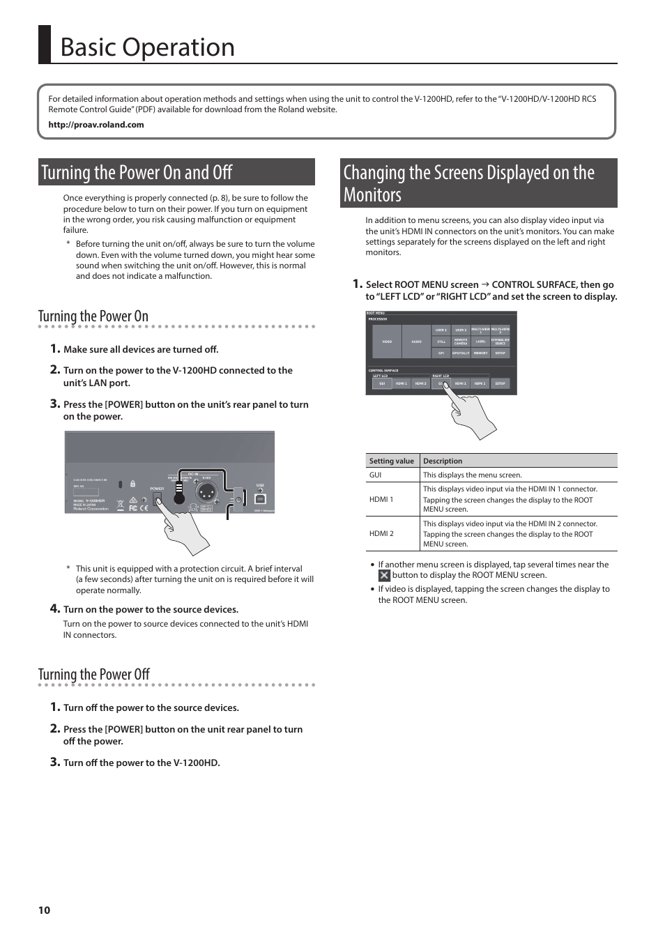 Basic operation, Turning the power on and off, Changing the screens displayed on the monitors | P. 10, Turning the power on, Turning the power off | Roland V-1200HDR Control Surface for the V-1200HD Video Switcher User Manual | Page 10 / 16