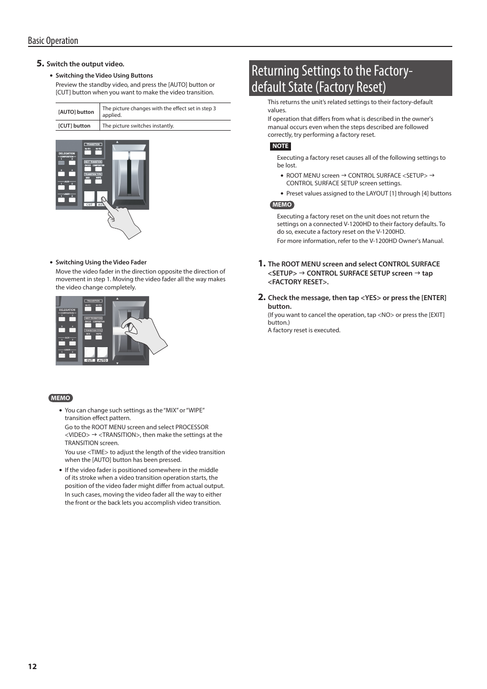 Basic operation | Roland V-1200HDR Control Surface for the V-1200HD Video Switcher User Manual | Page 12 / 16