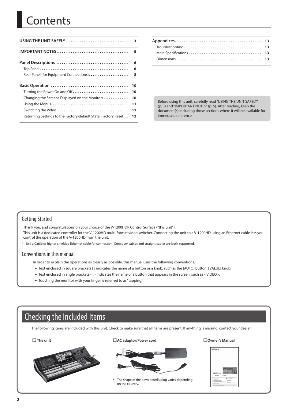 Roland V-1200HDR Control Surface for the V-1200HD Video Switcher User Manual | Page 2 / 16