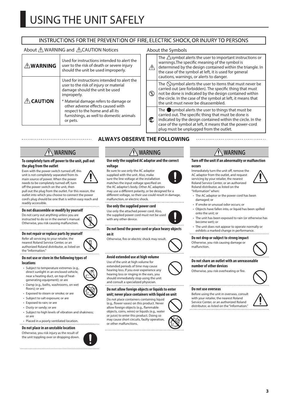 Using the unit safely, P. 3, Warning | Always observe the following | Roland V-1200HDR Control Surface for the V-1200HD Video Switcher User Manual | Page 3 / 16