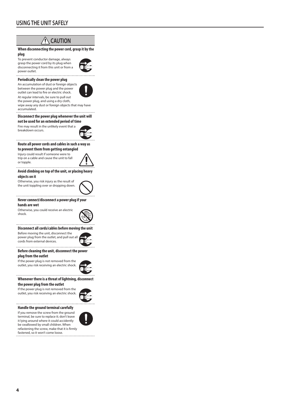 Using the unit safely, Caution | Roland V-1200HDR Control Surface for the V-1200HD Video Switcher User Manual | Page 4 / 16