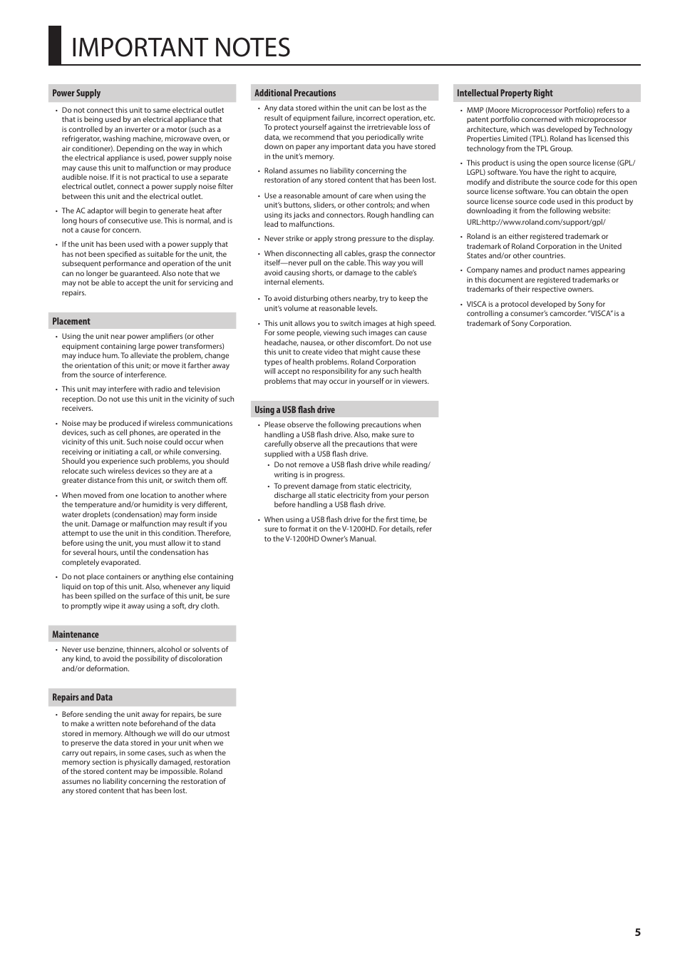 Important notes, P. 5). a | Roland V-1200HDR Control Surface for the V-1200HD Video Switcher User Manual | Page 5 / 16