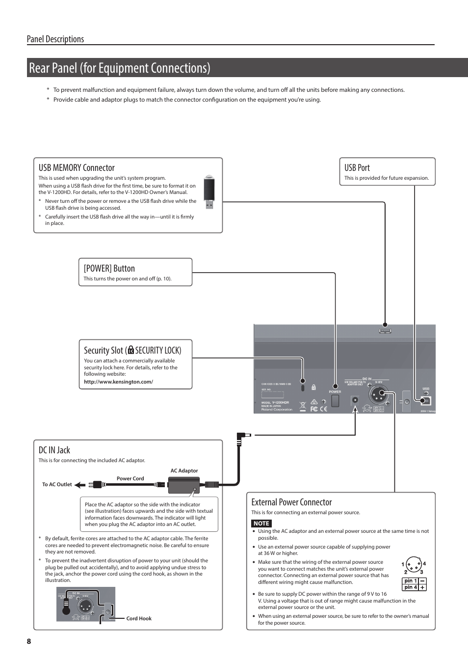 Rear panel (for equipment connections), Panel descriptions security slot ( security lock), Power] button | Dc in jack, External power connector, Usb port | Roland V-1200HDR Control Surface for the V-1200HD Video Switcher User Manual | Page 8 / 16