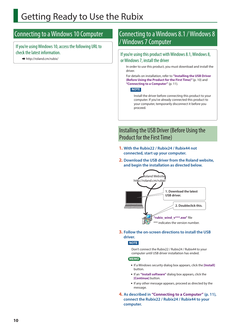 Getting ready to use the rubix, Connecting to a windows 10 computer | Roland Rubix22 2x2 USB Audio Interface User Manual | Page 10 / 31