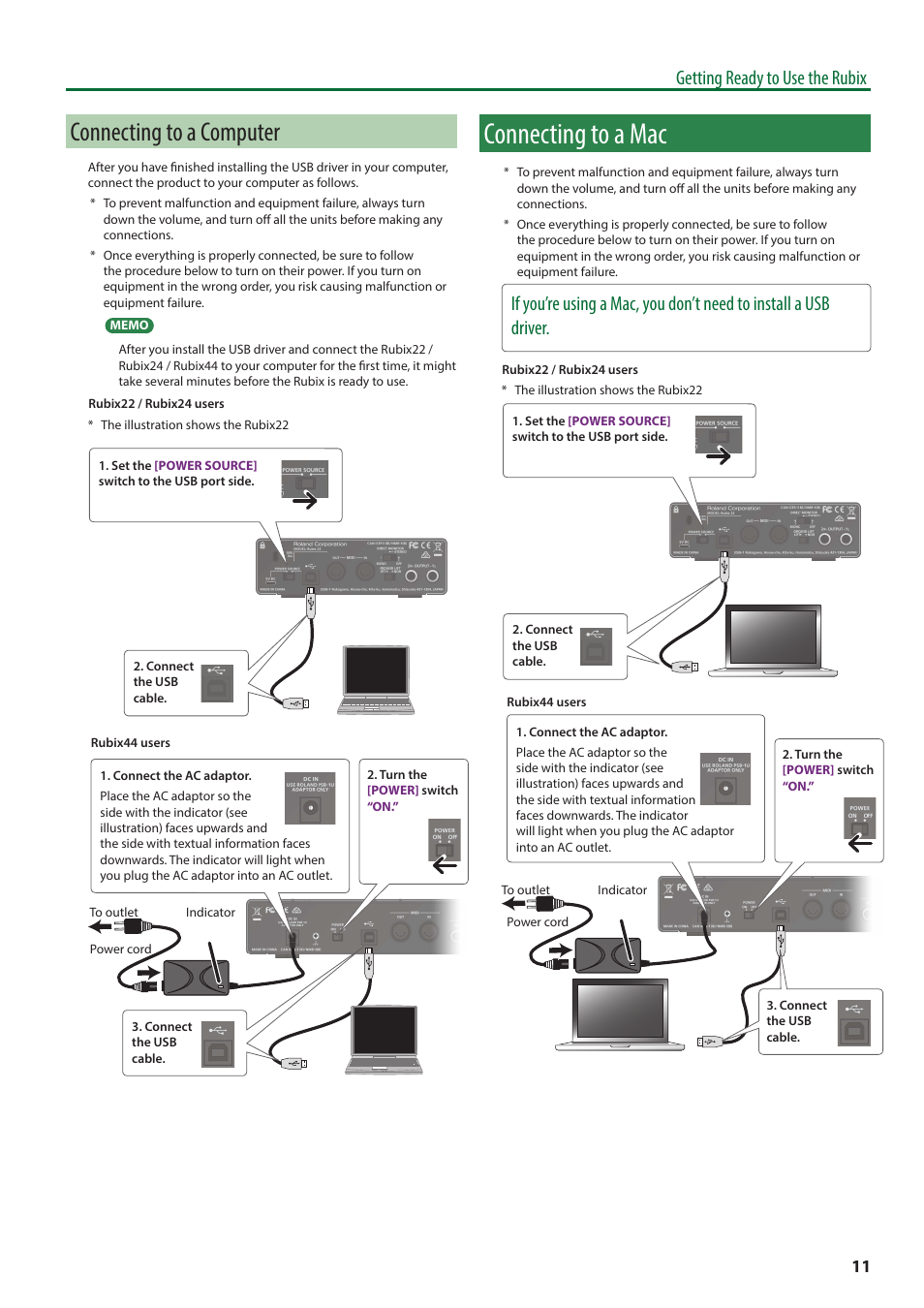 Connecting to a computer, Connecting to a mac, P. 11) | S described in, Getting ready to use the rubix | Roland Rubix22 2x2 USB Audio Interface User Manual | Page 11 / 31