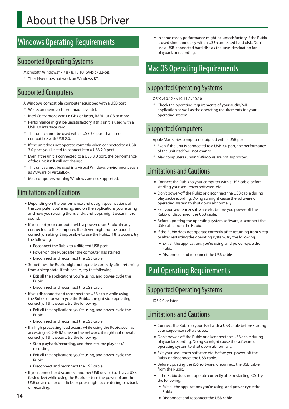 About the usb driver, Windows operating requirements, Supported operating systems | Supported computers, Limitations and cautions, Mac os operating requirements, Ipad operating requirements | Roland Rubix22 2x2 USB Audio Interface User Manual | Page 14 / 31