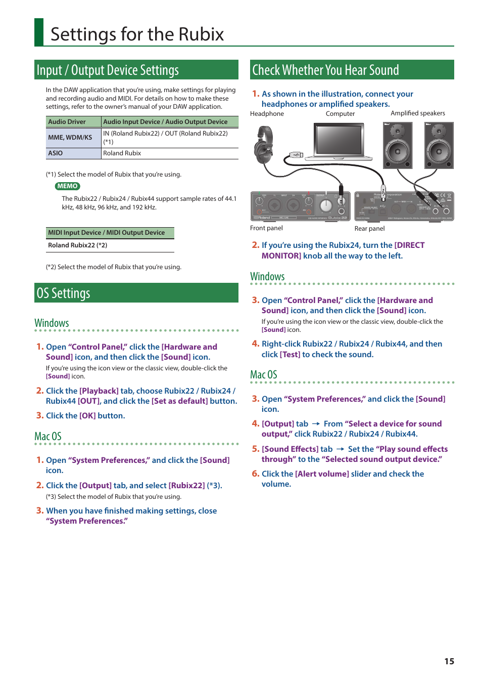 Settings for the rubix, Input / output device settings, Os settings | Check whether you hear sound, Windows, Mac os | Roland Rubix22 2x2 USB Audio Interface User Manual | Page 15 / 31