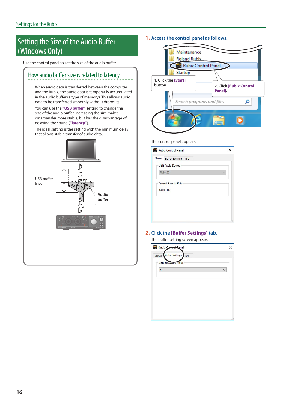 How audio buffer size is related to latency, Settings for the rubix | Roland Rubix22 2x2 USB Audio Interface User Manual | Page 16 / 31