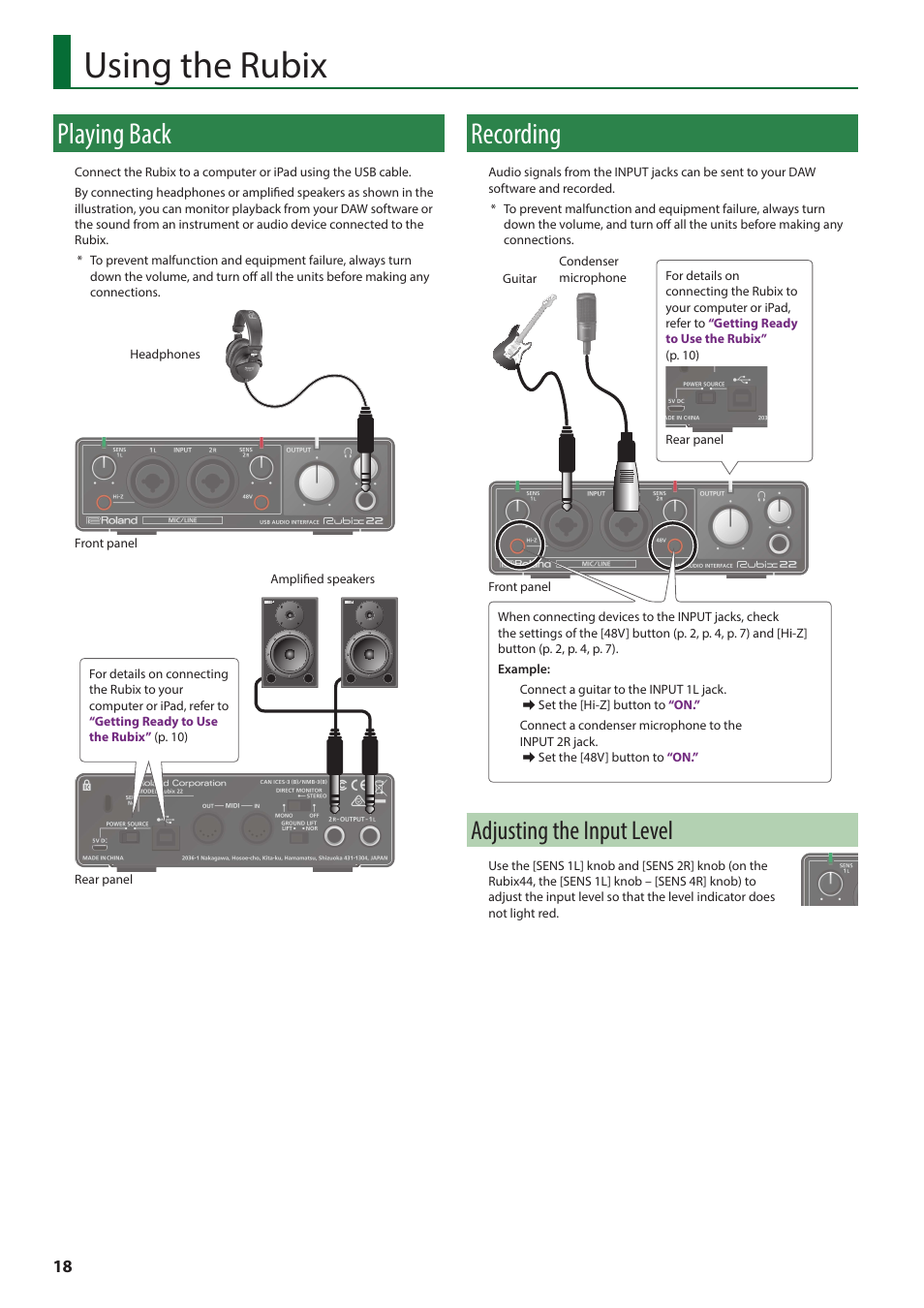 Using the rubix, Playing back, Recording | Adjusting the input level | Roland Rubix22 2x2 USB Audio Interface User Manual | Page 18 / 31