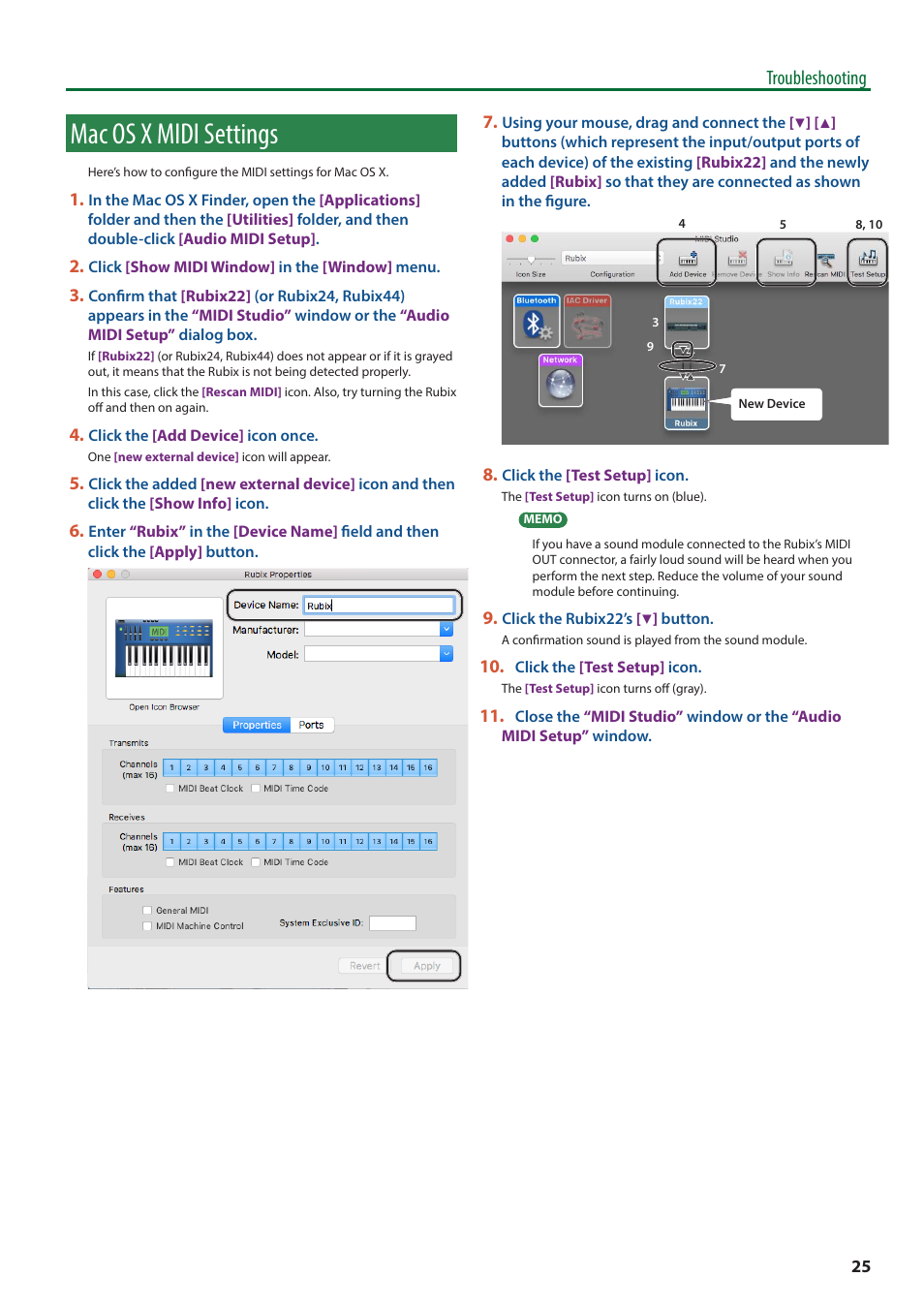Mac os x midi settings, Troubleshooting | Roland Rubix22 2x2 USB Audio Interface User Manual | Page 25 / 31
