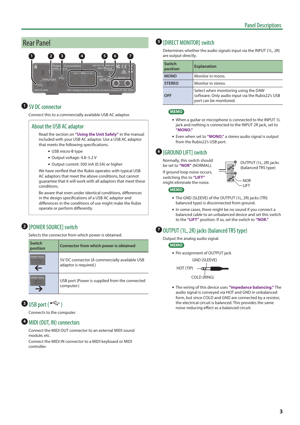 Rear panel, Panel descriptions, 5v dc connector | About the usb ac adaptor, Power source] switch, Usb port ( ), Midi (out, in) connectors, Direct monitor] switch, Ground lift] switch, Output (1l, 2r) jacks (balanced trs type) | Roland Rubix22 2x2 USB Audio Interface User Manual | Page 3 / 31