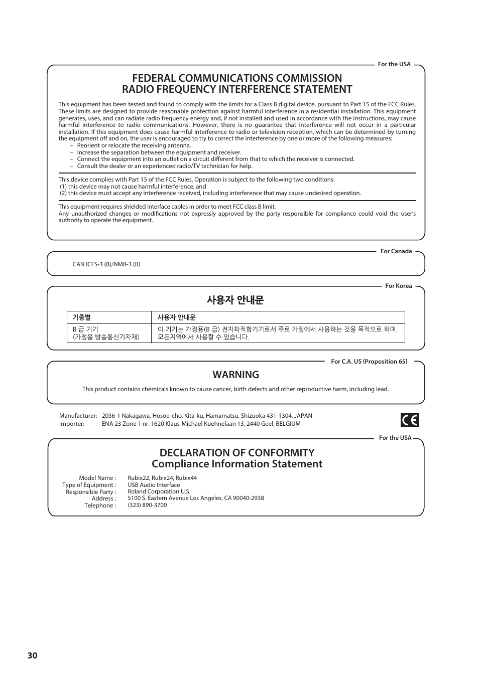 Warning | Roland Rubix22 2x2 USB Audio Interface User Manual | Page 30 / 31