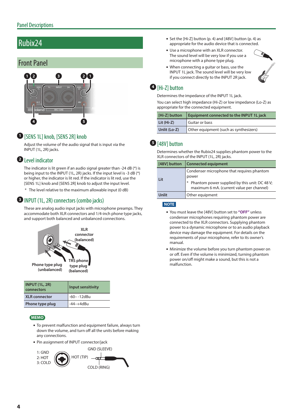 Rubix24, Front panel, Panel descriptions | Sens 1l] knob, [sens 2r] knob, Level indicator, Input (1l, 2r) connectors (combo jacks), Hi-z] button, 48v] button | Roland Rubix22 2x2 USB Audio Interface User Manual | Page 4 / 31