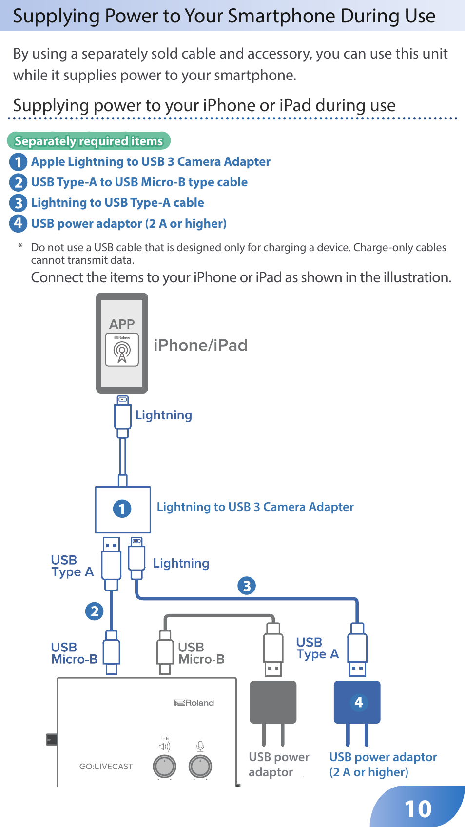 Supplying power to your smartphone during use, Supplying power to your iphone or ipad during use | Roland GO:LIVECAST Live Streaming Audio and Video Studio for Smartphones and Tablets User Manual | Page 10 / 46