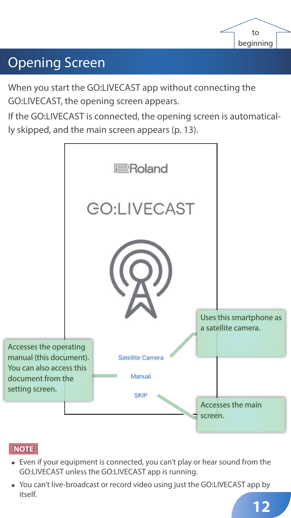 Opening screen | Roland GO:LIVECAST Live Streaming Audio and Video Studio for Smartphones and Tablets User Manual | Page 12 / 46