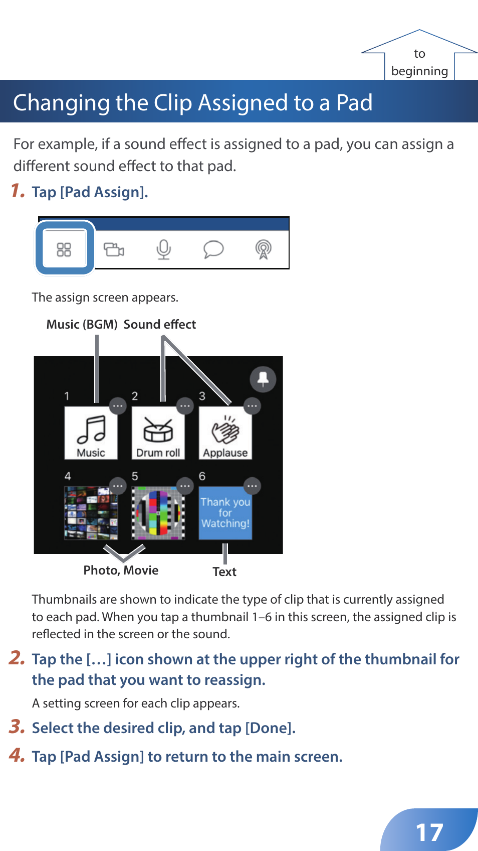 Changing the clip assigned to a pad | Roland GO:LIVECAST Live Streaming Audio and Video Studio for Smartphones and Tablets User Manual | Page 17 / 46