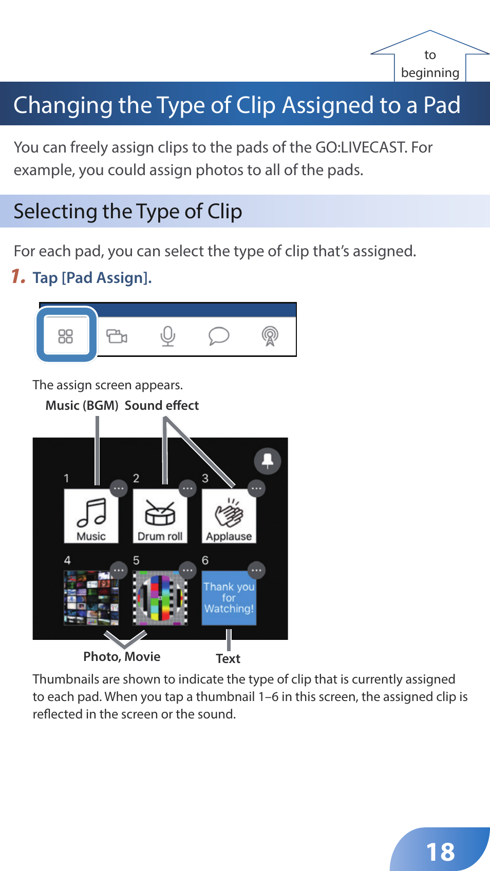 Changing the type of clip assigned to a pad, Selecting the type of clip | Roland GO:LIVECAST Live Streaming Audio and Video Studio for Smartphones and Tablets User Manual | Page 18 / 46