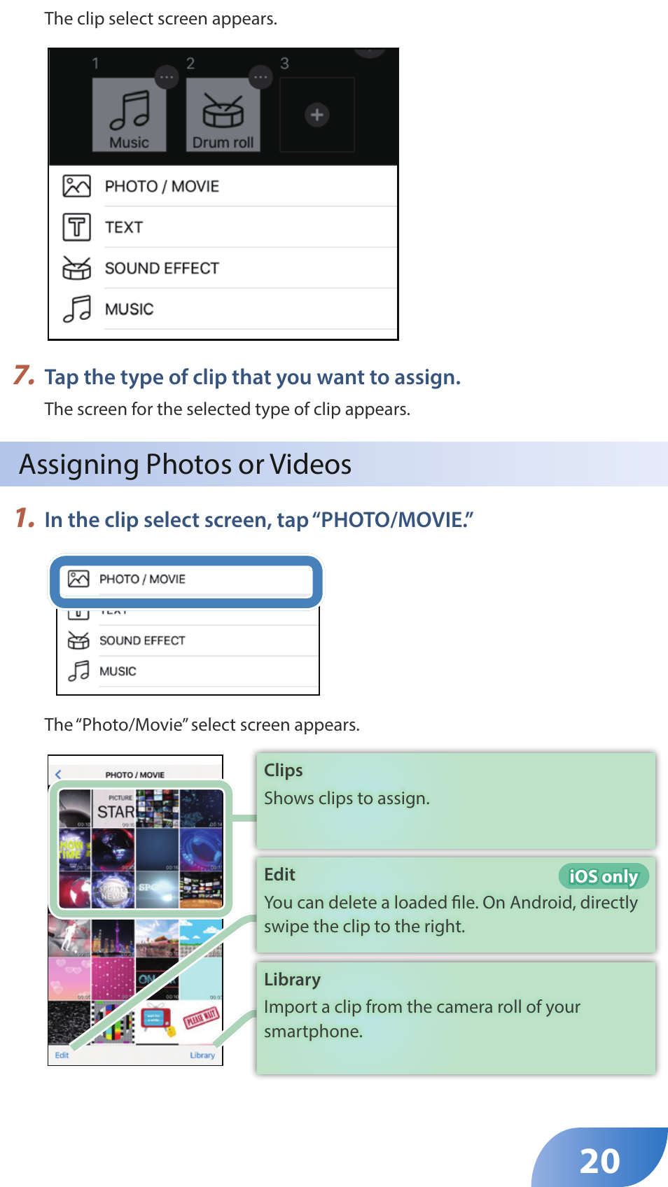 Assigning photos or videos 1 | Roland GO:LIVECAST Live Streaming Audio and Video Studio for Smartphones and Tablets User Manual | Page 20 / 46