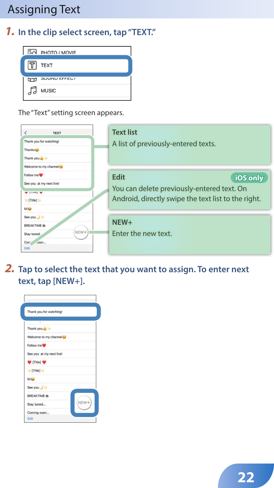 Assigning text 1 | Roland GO:LIVECAST Live Streaming Audio and Video Studio for Smartphones and Tablets User Manual | Page 22 / 46