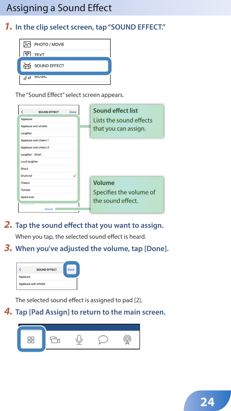 Assigning a sound effect 1 | Roland GO:LIVECAST Live Streaming Audio and Video Studio for Smartphones and Tablets User Manual | Page 24 / 46