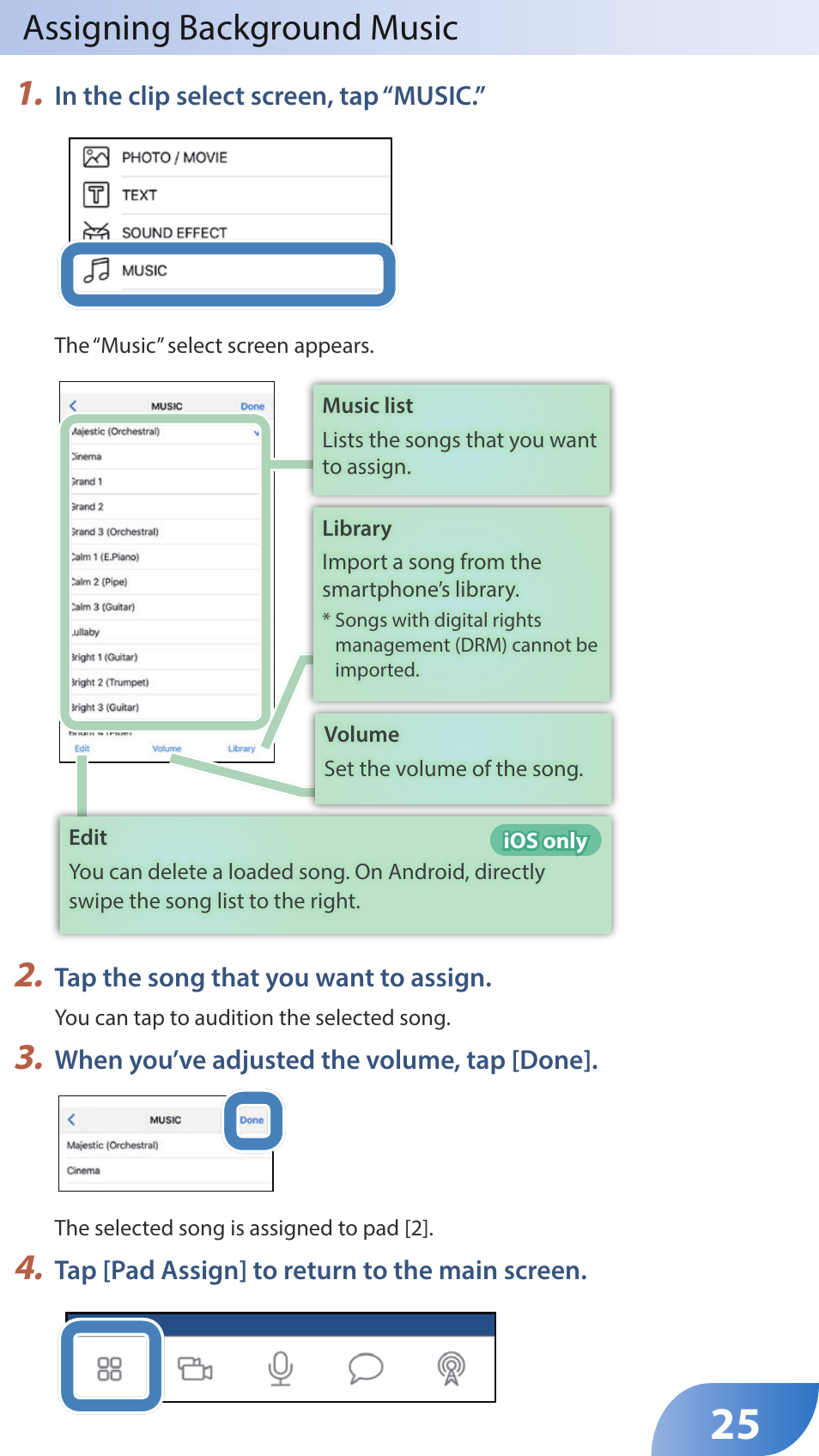 Assigning background music 1 | Roland GO:LIVECAST Live Streaming Audio and Video Studio for Smartphones and Tablets User Manual | Page 25 / 46