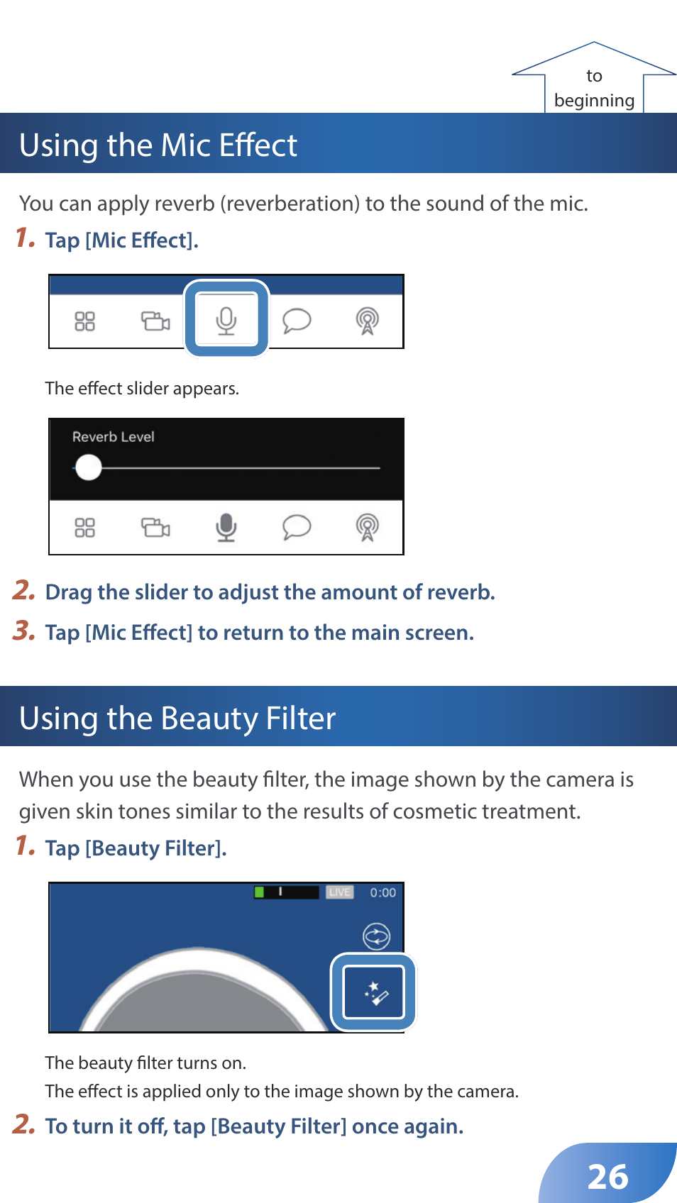 Using the mic effect, Using the beauty filter | Roland GO:LIVECAST Live Streaming Audio and Video Studio for Smartphones and Tablets User Manual | Page 26 / 46