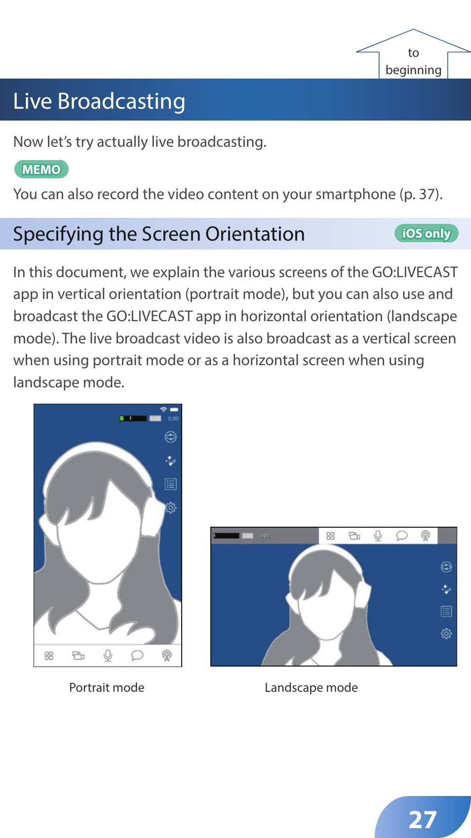 Live broadcasting, Specifying the screen orientation | Roland GO:LIVECAST Live Streaming Audio and Video Studio for Smartphones and Tablets User Manual | Page 27 / 46