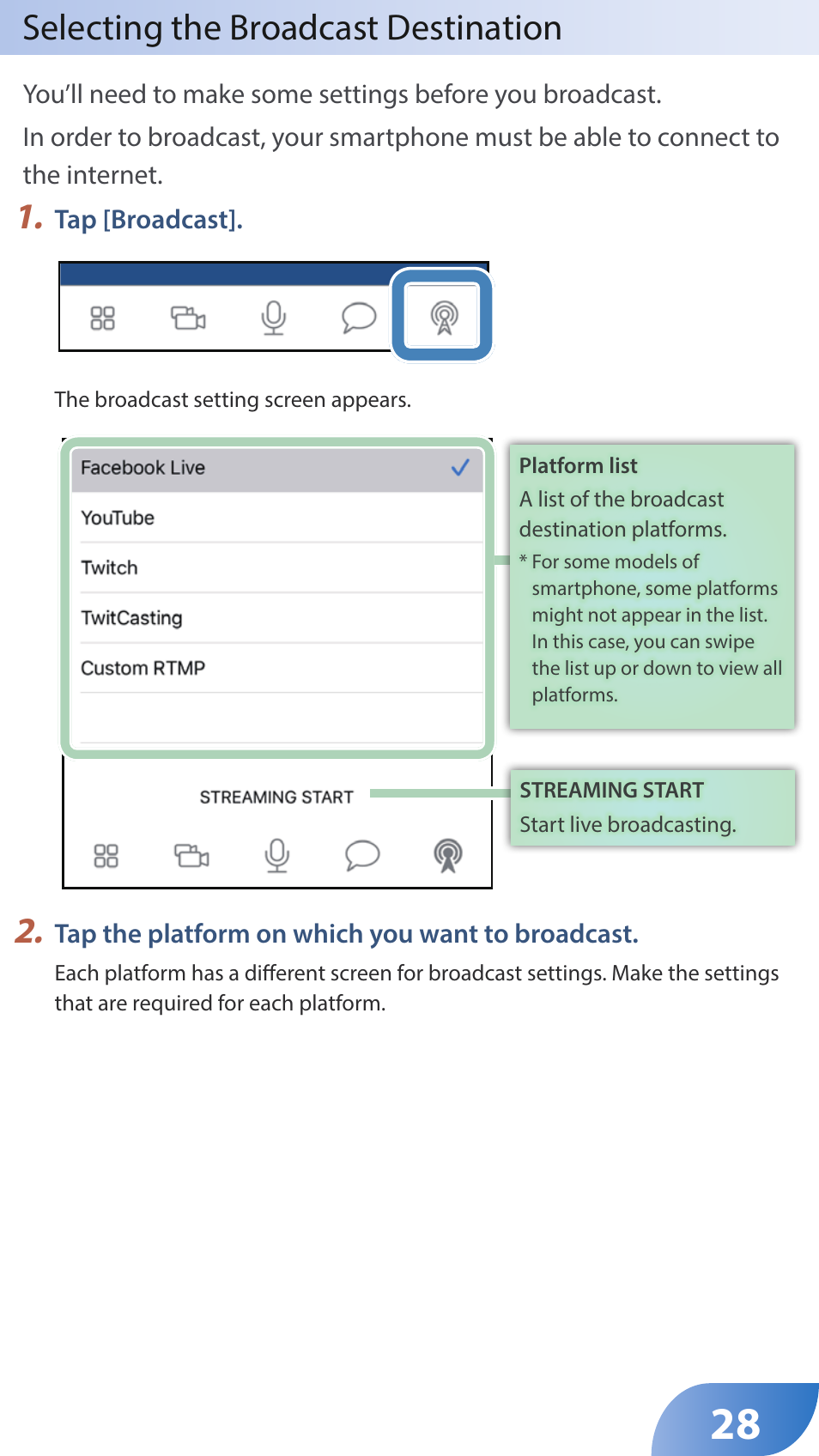 Selecting the broadcast destination | Roland GO:LIVECAST Live Streaming Audio and Video Studio for Smartphones and Tablets User Manual | Page 28 / 46