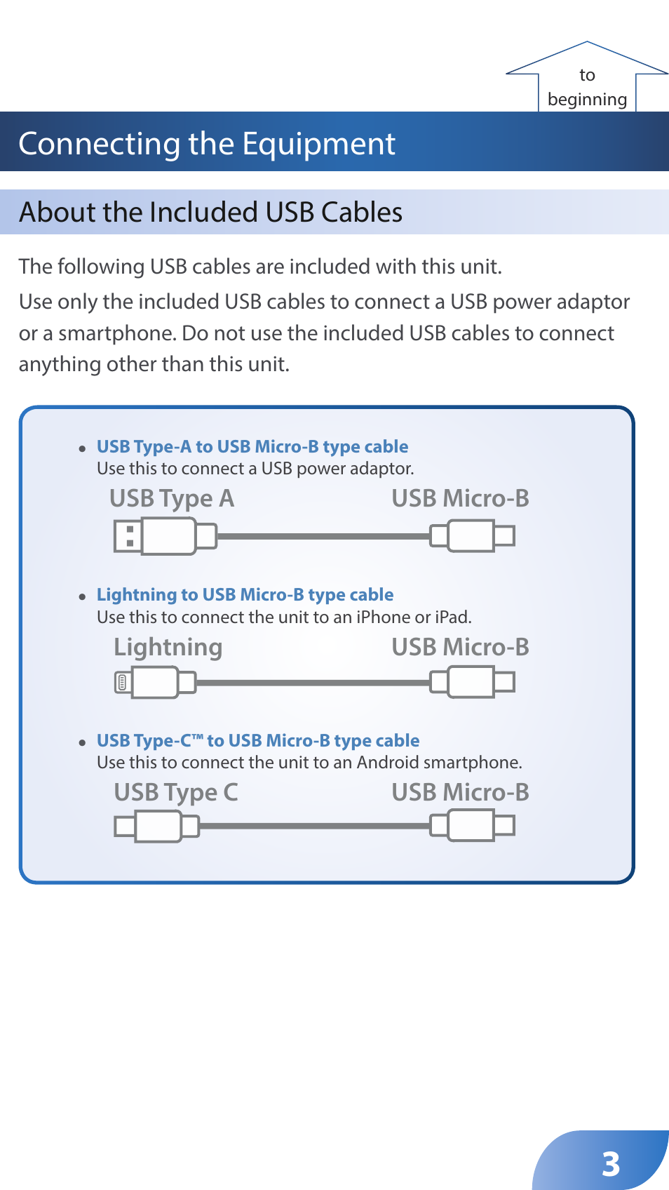 Connecting the equipment, About the included usb cables | Roland GO:LIVECAST Live Streaming Audio and Video Studio for Smartphones and Tablets User Manual | Page 3 / 46