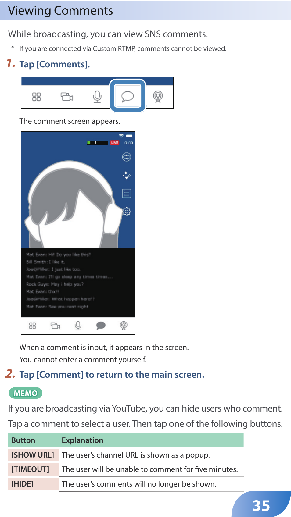 Viewing comments | Roland GO:LIVECAST Live Streaming Audio and Video Studio for Smartphones and Tablets User Manual | Page 35 / 46
