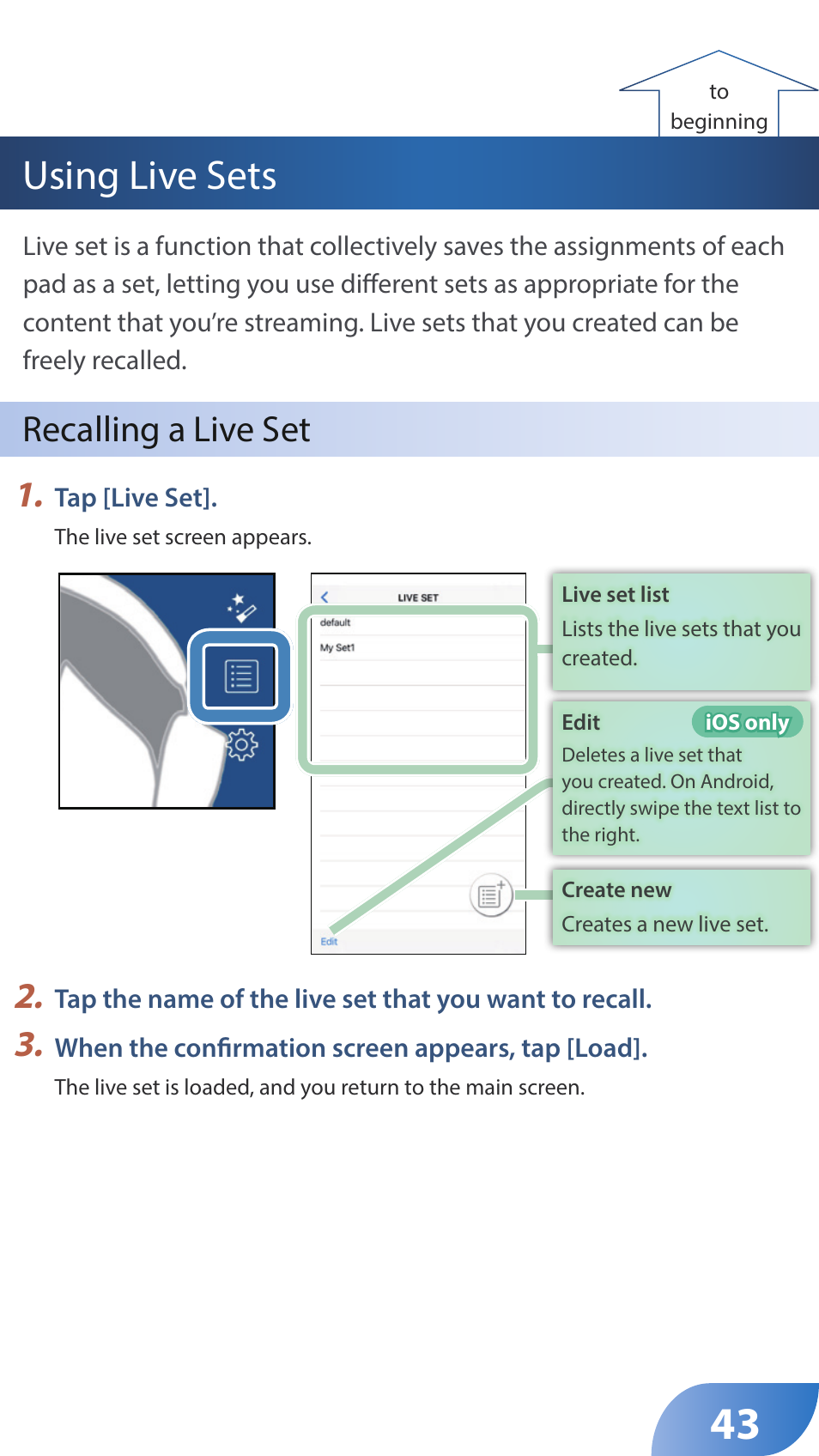 Using live sets, Recalling a live set 1 | Roland GO:LIVECAST Live Streaming Audio and Video Studio for Smartphones and Tablets User Manual | Page 43 / 46