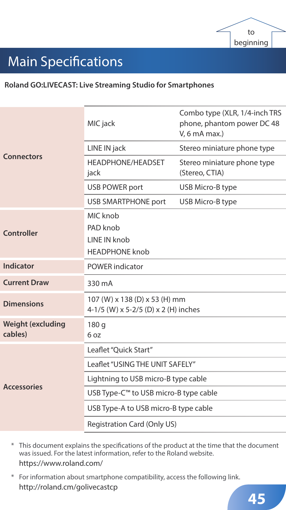 Main specifications | Roland GO:LIVECAST Live Streaming Audio and Video Studio for Smartphones and Tablets User Manual | Page 45 / 46