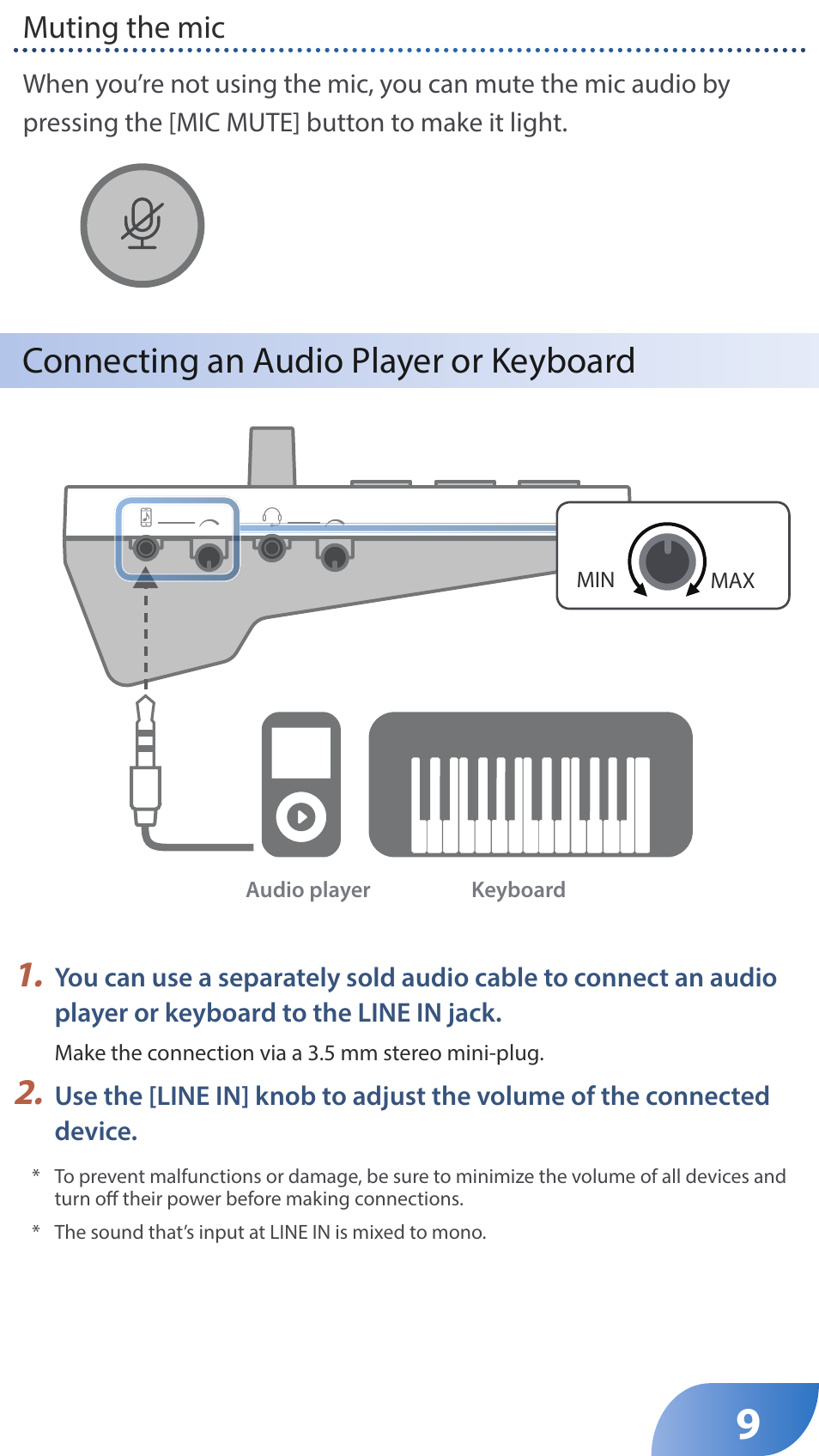 Connecting an audio player or keyboard | Roland GO:LIVECAST Live Streaming Audio and Video Studio for Smartphones and Tablets User Manual | Page 9 / 46