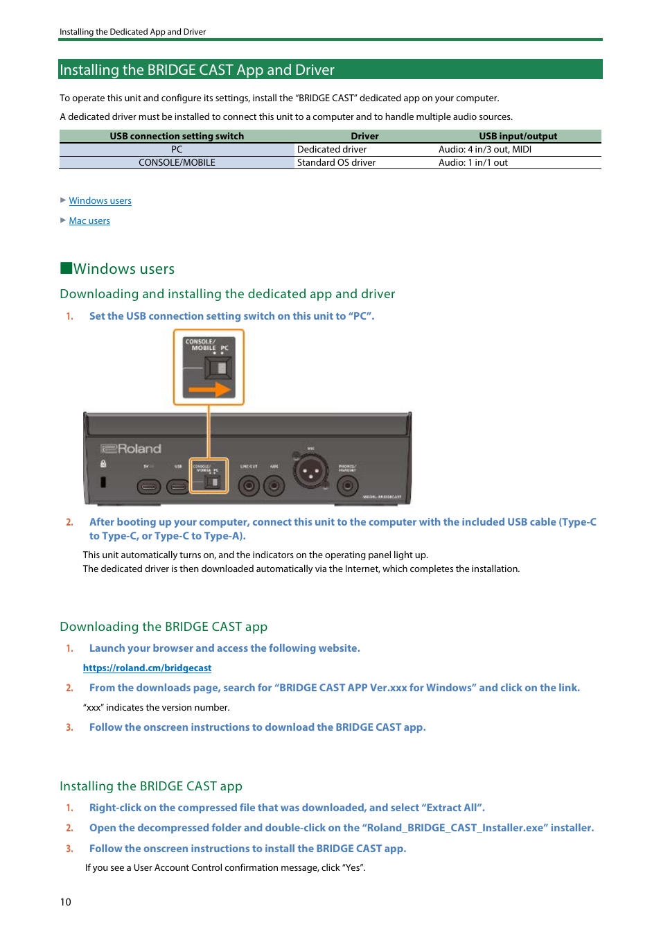 Installing the bridge cast app and driver, Installing the bridge cast app and driver(p, Ãwindows users | Downloading the bridge cast app, Installing the bridge cast app | Roland BRIDGE CAST Dual-Bus Gaming Mixer User Manual | Page 10 / 74