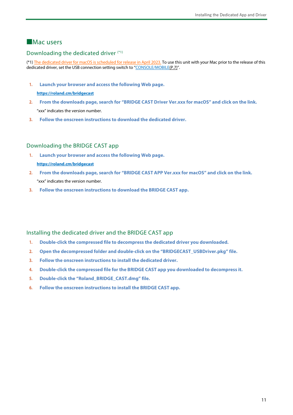 Mac users, Ãmac users, Downloading the dedicated driver | Downloading the bridge cast app | Roland BRIDGE CAST Dual-Bus Gaming Mixer User Manual | Page 11 / 74