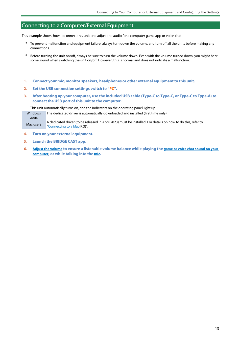 Connecting to a computer/external equipment, Connecting to a computer/external equipment(p | Roland BRIDGE CAST Dual-Bus Gaming Mixer User Manual | Page 13 / 74