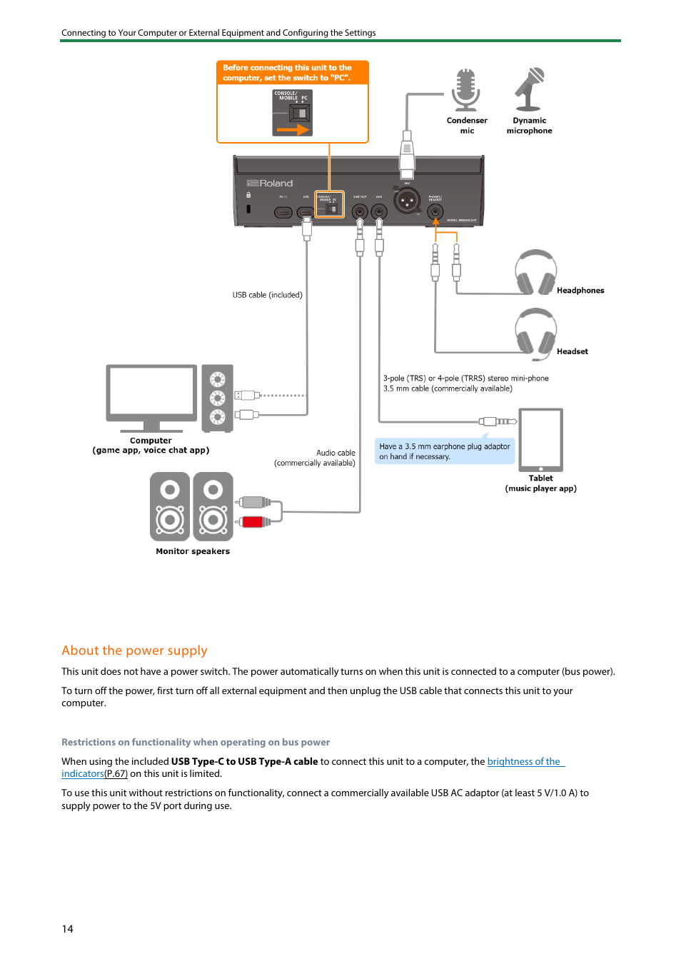 About the power supply | Roland BRIDGE CAST Dual-Bus Gaming Mixer User Manual | Page 14 / 74