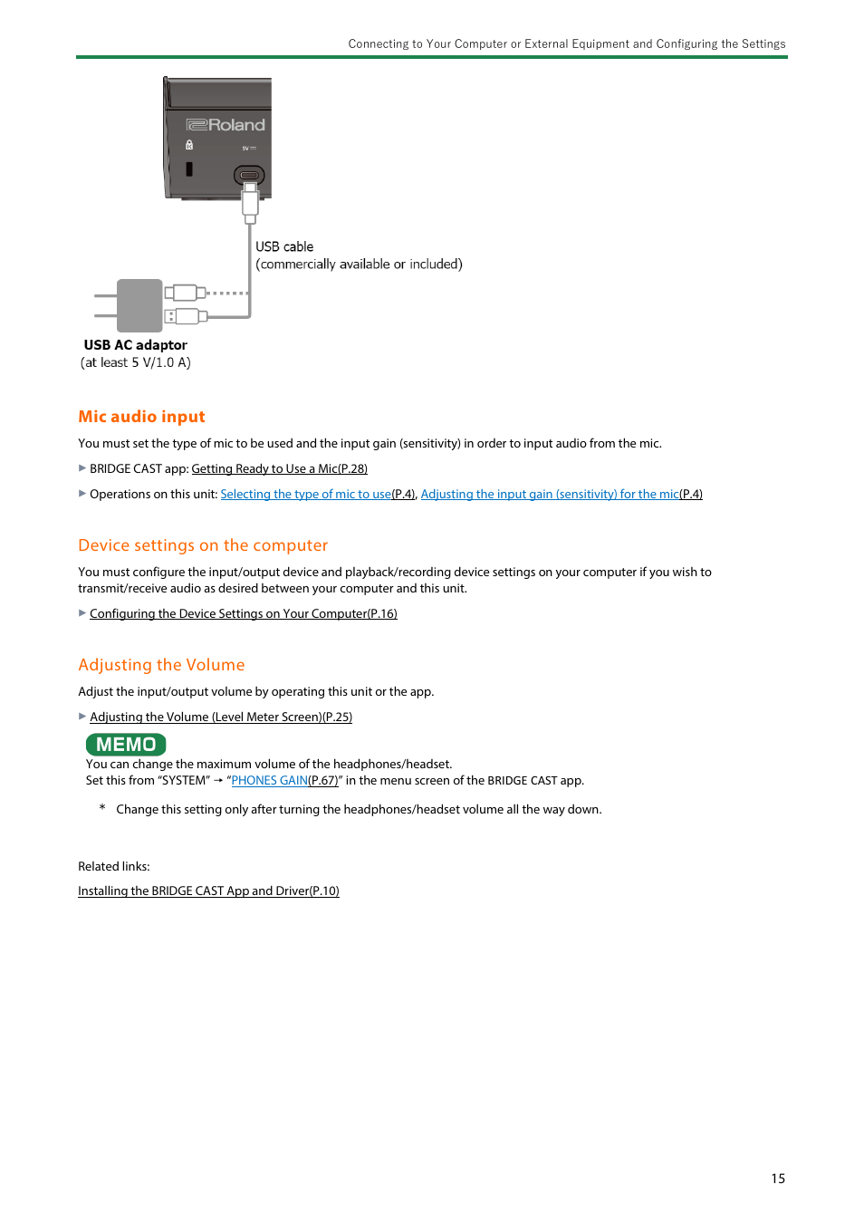 Adjust the volume, Game or voice chat sound on your, Computer | Mic audio input, Device settings on the computer, Adjusting the volume | Roland BRIDGE CAST Dual-Bus Gaming Mixer User Manual | Page 15 / 74