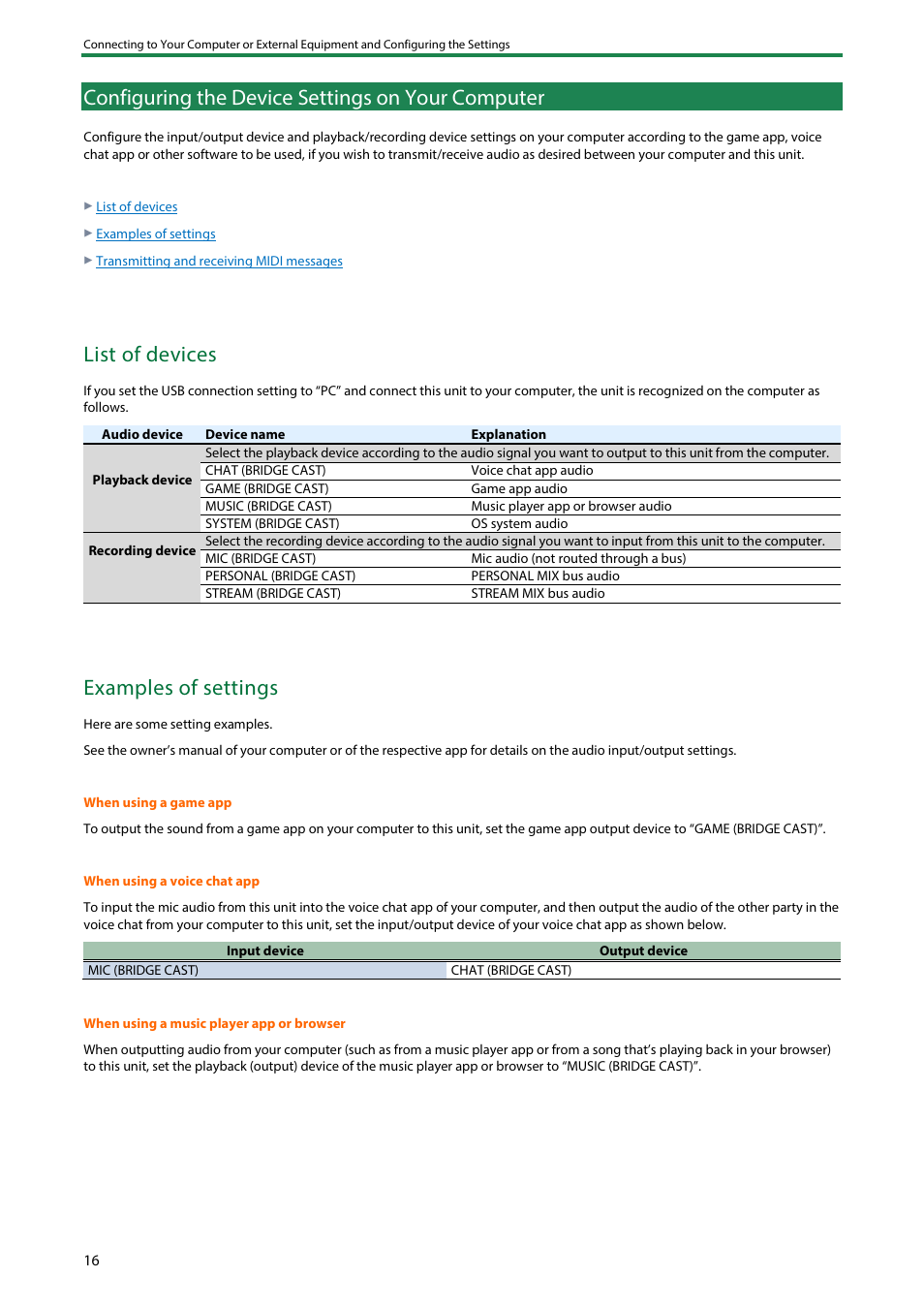 Configuring the device settings on your computer, Configuring the device settings on your computer(p, List of devices | Examples of settings | Roland BRIDGE CAST Dual-Bus Gaming Mixer User Manual | Page 16 / 74