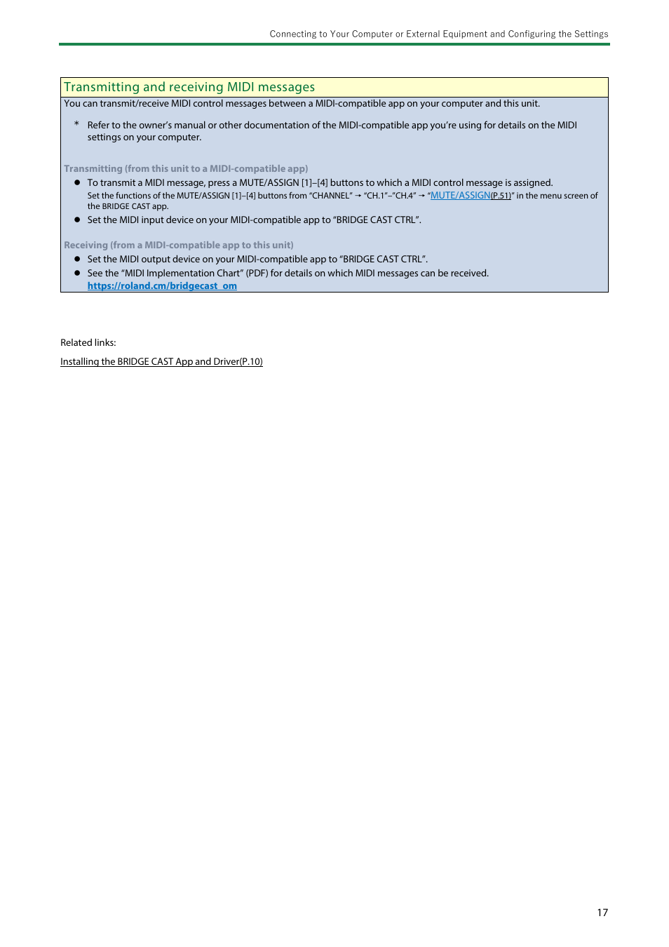 Transmitting and receiving midi messages | Roland BRIDGE CAST Dual-Bus Gaming Mixer User Manual | Page 17 / 74