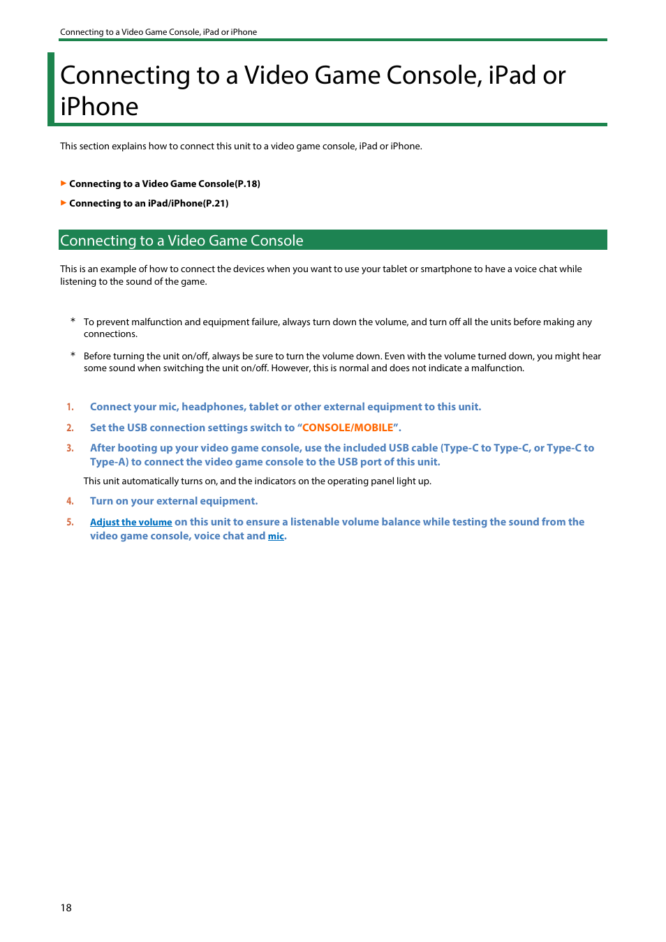 Connecting to a video game console, ipad or iphone, Connecting to a video game console | Roland BRIDGE CAST Dual-Bus Gaming Mixer User Manual | Page 18 / 74