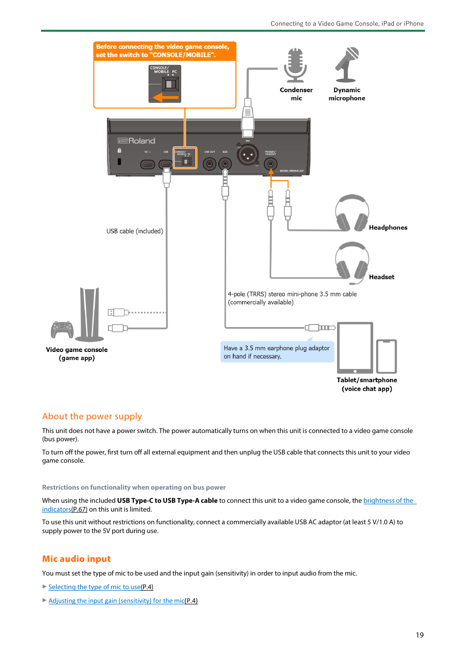 About the power supply, Mic audio input | Roland BRIDGE CAST Dual-Bus Gaming Mixer User Manual | Page 19 / 74