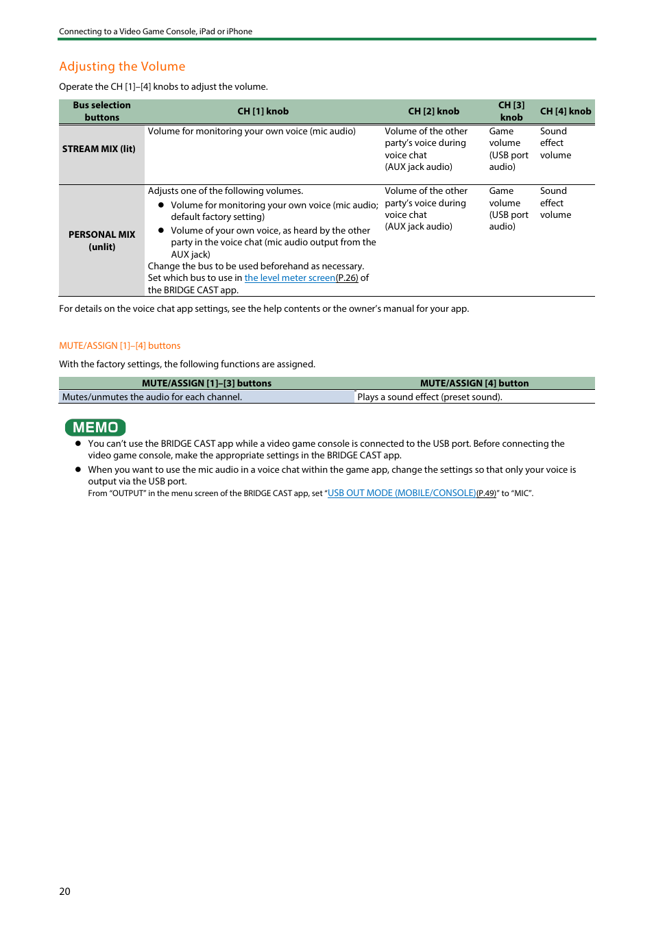 Adjust the volume, Adjusting the volume | Roland BRIDGE CAST Dual-Bus Gaming Mixer User Manual | Page 20 / 74