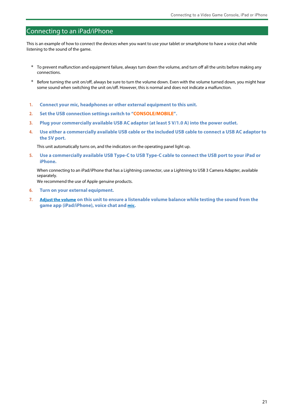 Connecting to an ipad/iphone | Roland BRIDGE CAST Dual-Bus Gaming Mixer User Manual | Page 21 / 74