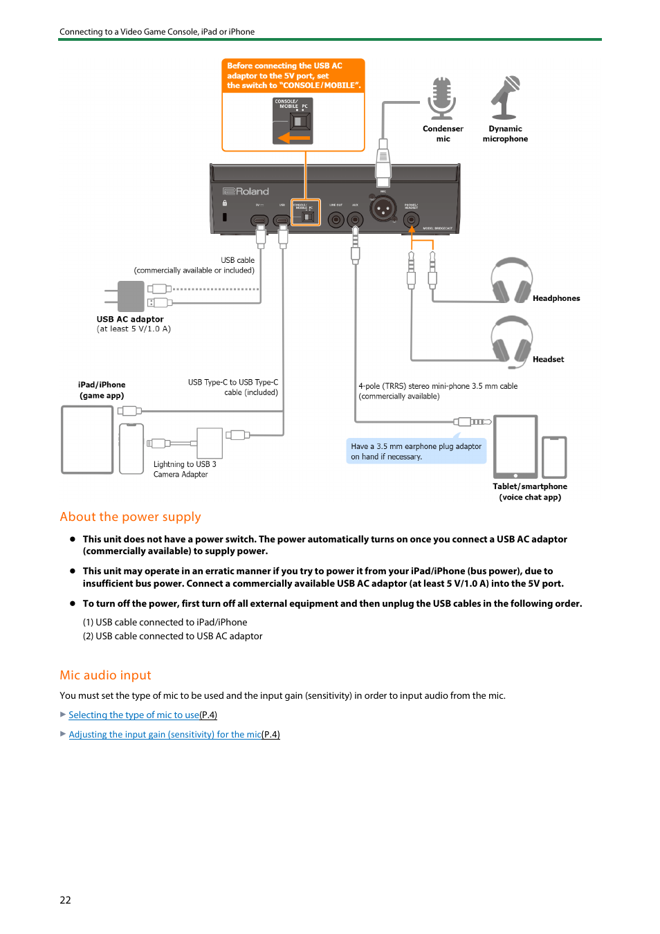 About the power supply, Mic audio input | Roland BRIDGE CAST Dual-Bus Gaming Mixer User Manual | Page 22 / 74